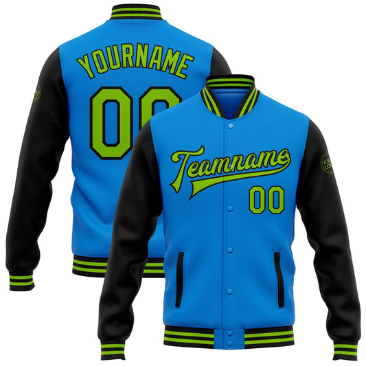 Custom Powder Blue Neon Green-Black Bomber Full-Snap Varsity Letterman Two Tone Jacket - Main View