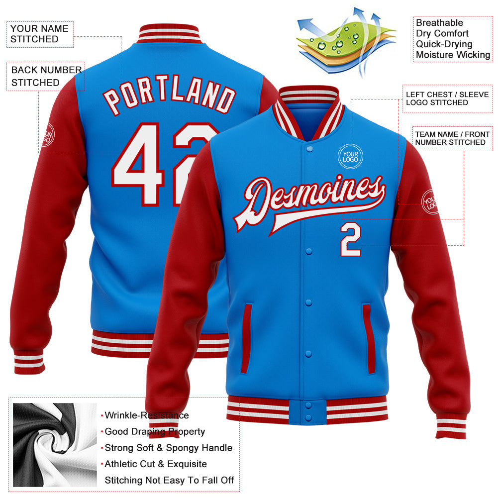 Custom Powder Blue White-Red Bomber Full-Snap Varsity Letterman Two Tone Jacket view 5