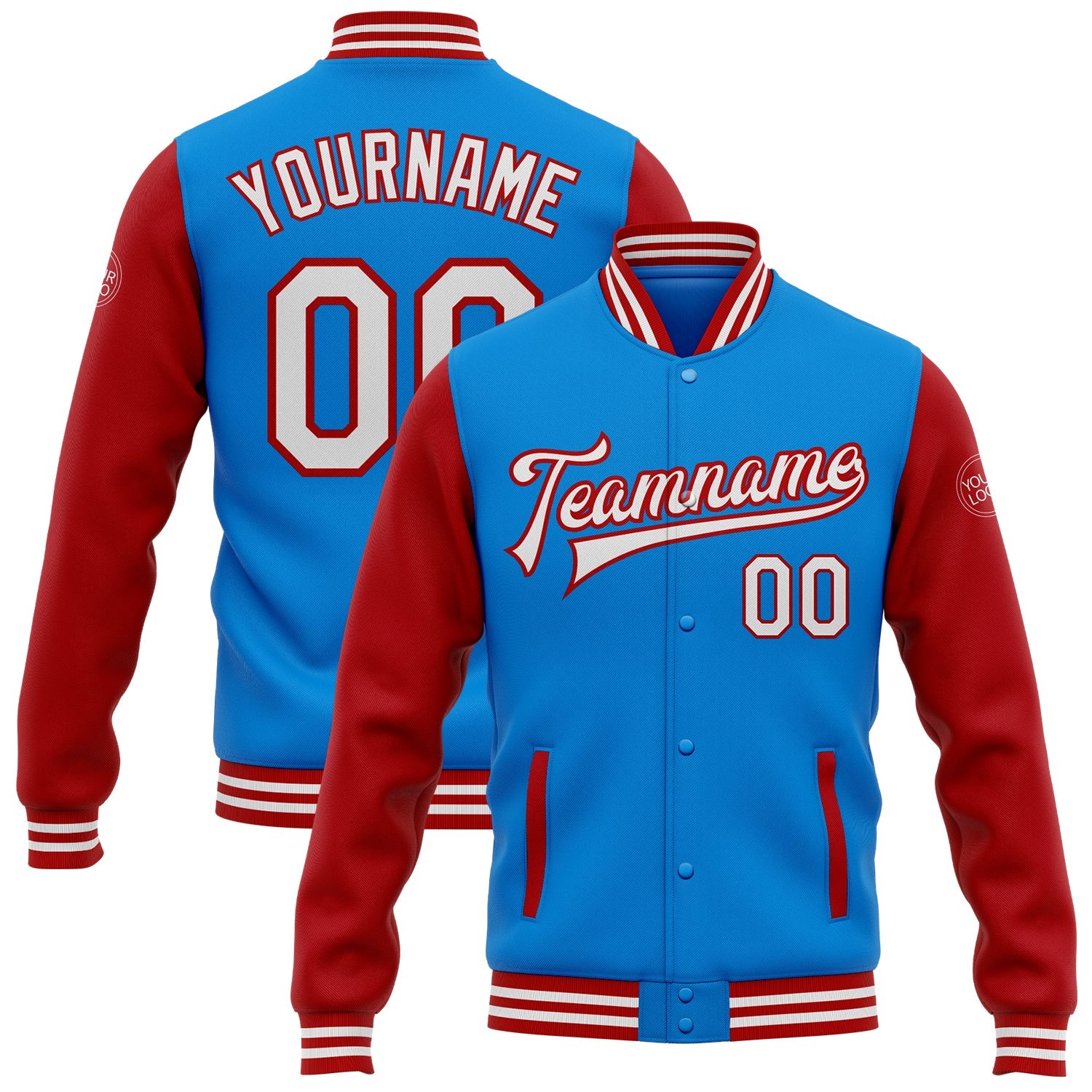 Custom Powder Blue White-Red Bomber Full-Snap Varsity Letterman Two Tone Jacket - Main View