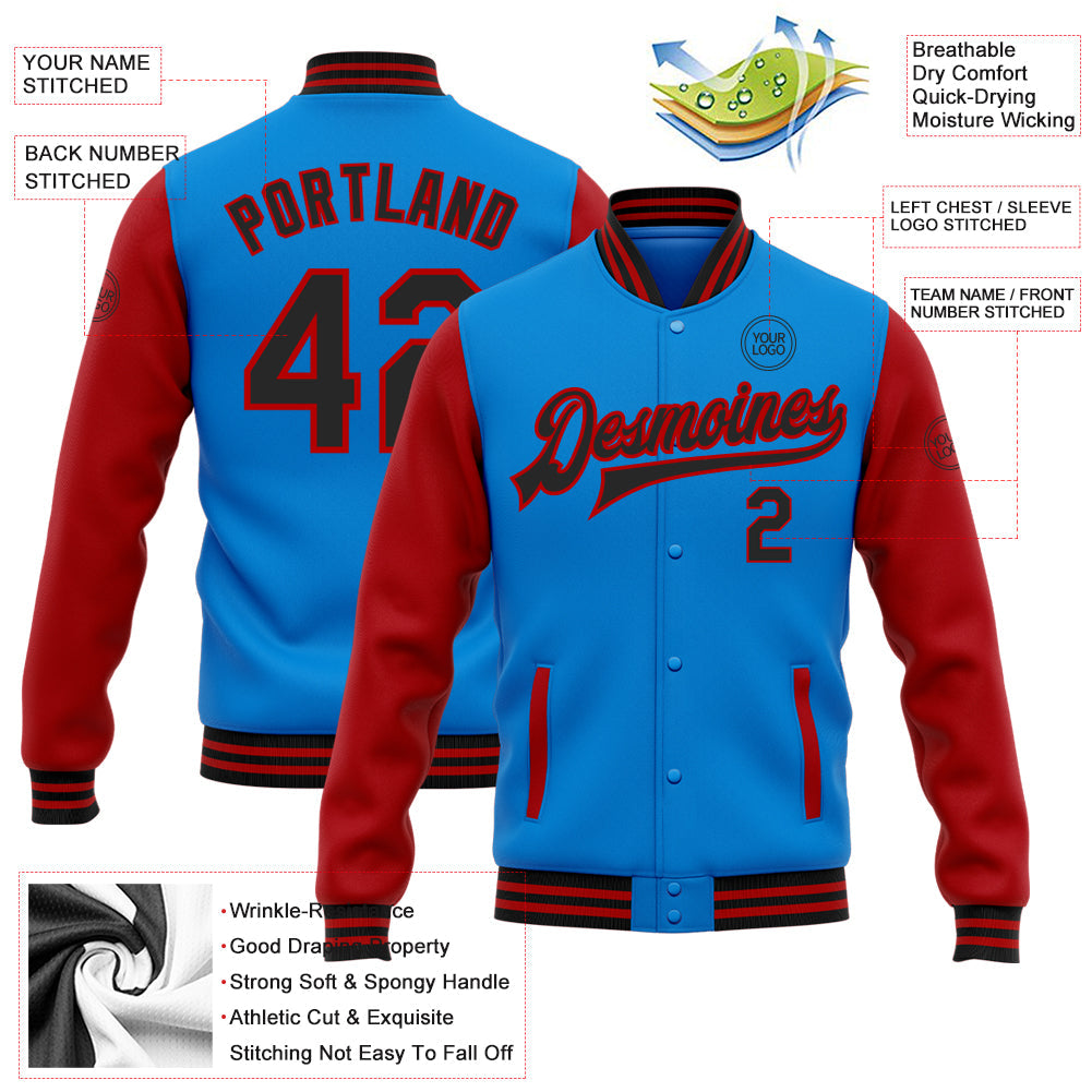 Custom Powder Blue Black-Red Bomber Full-Snap Varsity Letterman Two Tone Jacket view 5