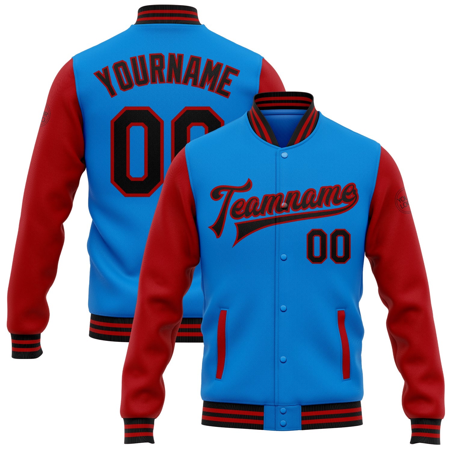Custom Powder Blue Black-Red Bomber Full-Snap Varsity Letterman Two Tone Jacket - Main View