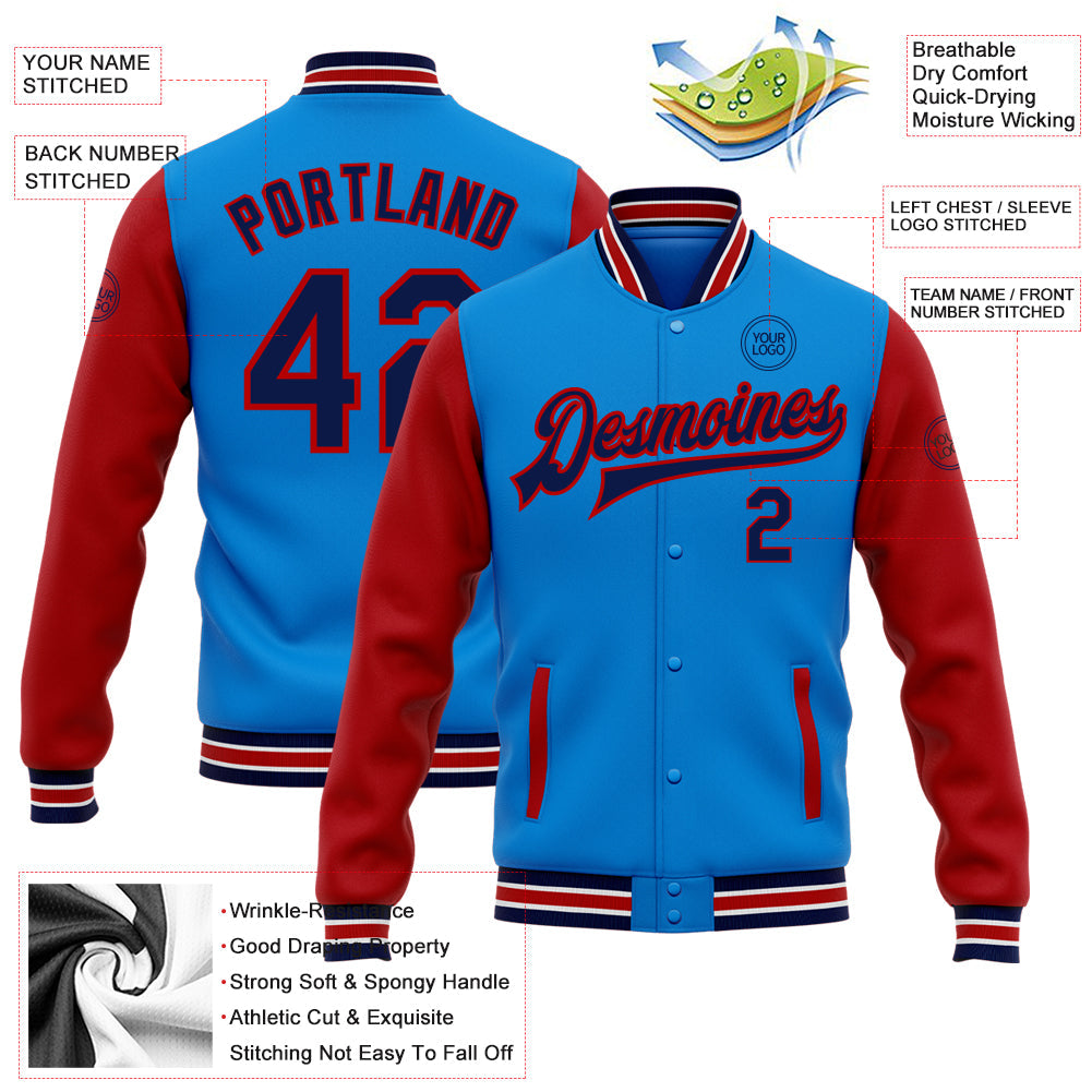 Custom Powder Blue Navy-Red Bomber Full-Snap Varsity Letterman Two Tone Jacket view 5