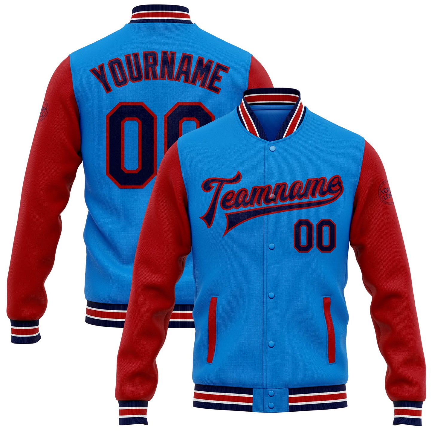 Custom Powder Blue Navy-Red Bomber Full-Snap Varsity Letterman Two Tone Jacket - Main View