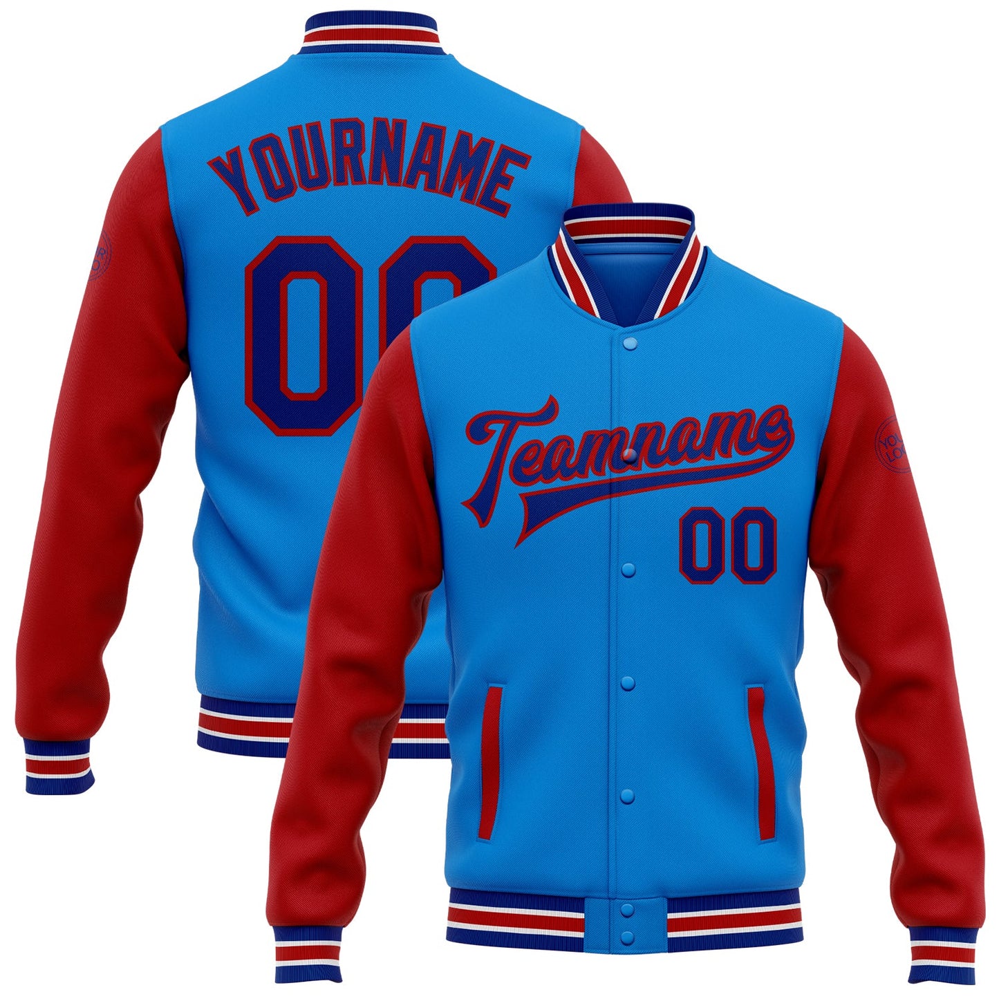 Custom Powder Blue Royal-Red Bomber Full-Snap Varsity Letterman Two Tone Jacket - Main View