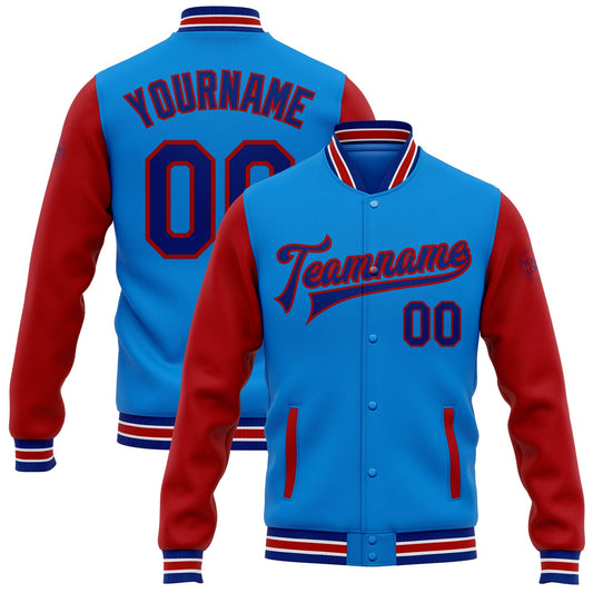 Custom Powder Blue Royal-Red Bomber Full-Snap Varsity Letterman Two Tone Jacket - Main View