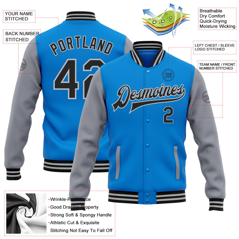 Custom Powder Blue Black-Gray Bomber Full-Snap Varsity Letterman Two Tone Jacket view 5