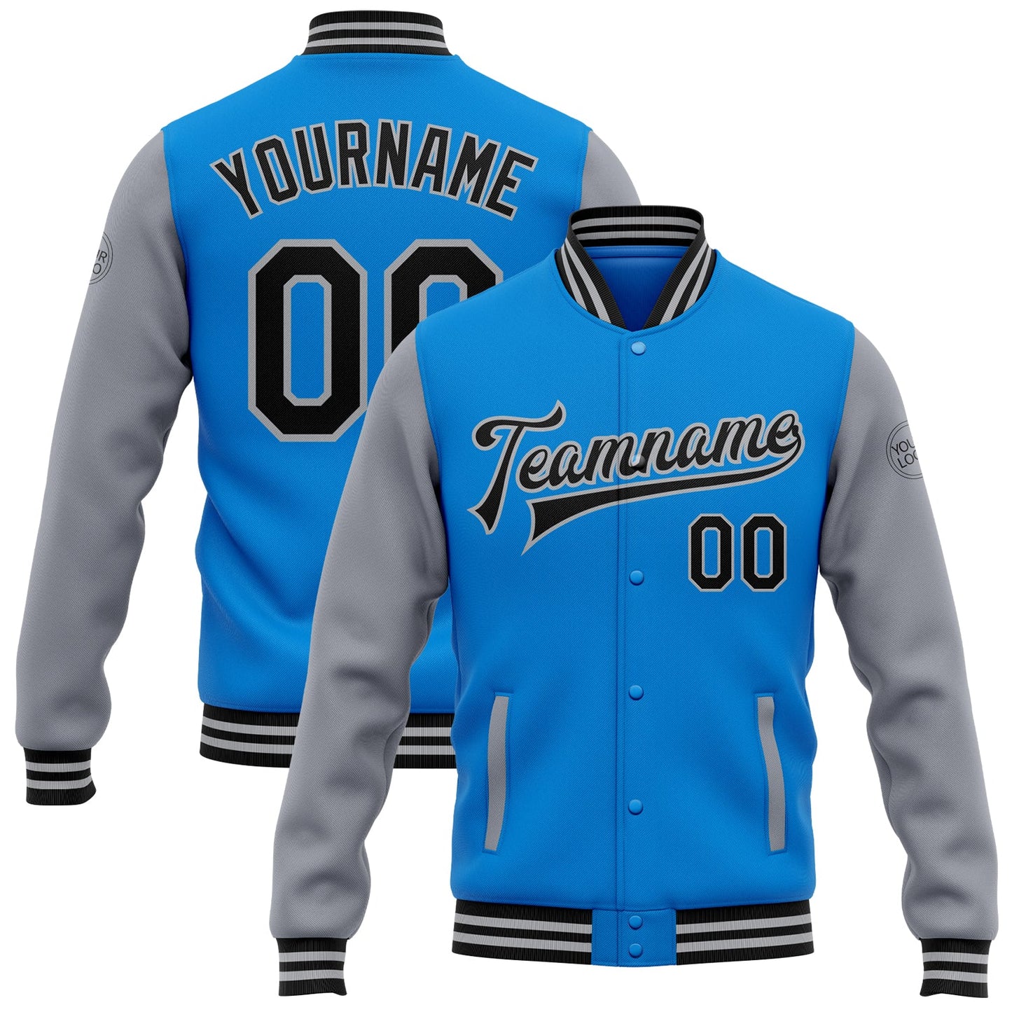Custom Powder Blue Black-Gray Bomber Full-Snap Varsity Letterman Two Tone Jacket - Main View