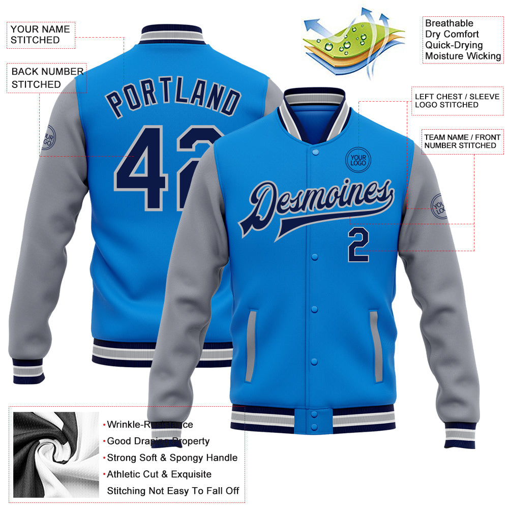 Custom Powder Blue Navy-Gray Bomber Full-Snap Varsity Letterman Two Tone Jacket view 5