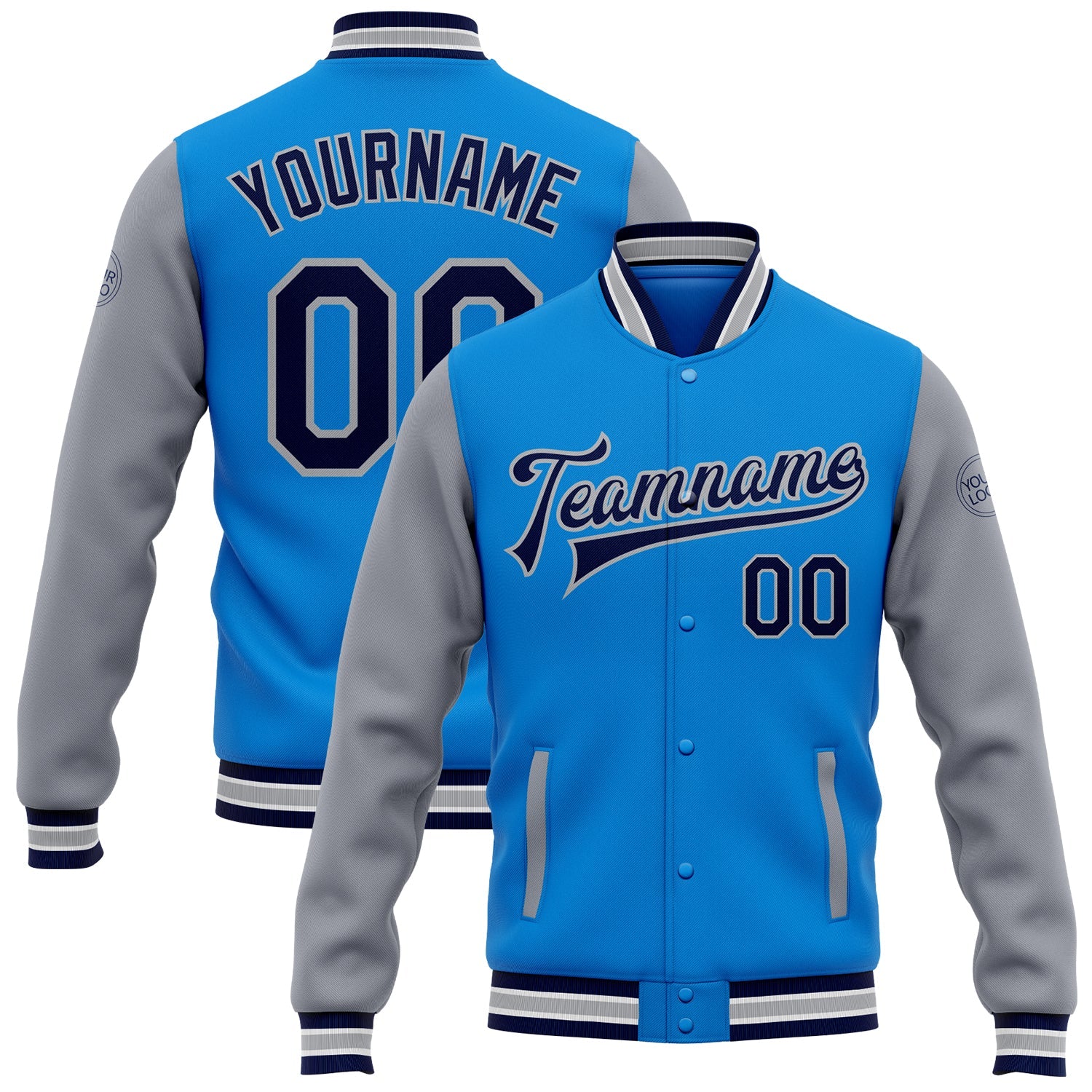 Custom Powder Blue Navy-Gray Bomber Full-Snap Varsity Letterman Two Tone Jacket - Main View