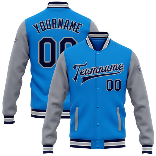 Custom Powder Blue Navy-Gray Bomber Full-Snap Varsity Letterman Two Tone Jacket - Main View