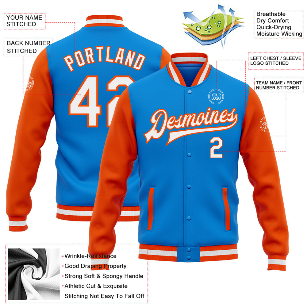 Custom Powder Blue White-Orange Bomber Full-Snap Varsity Letterman Two Tone Jacket view 5