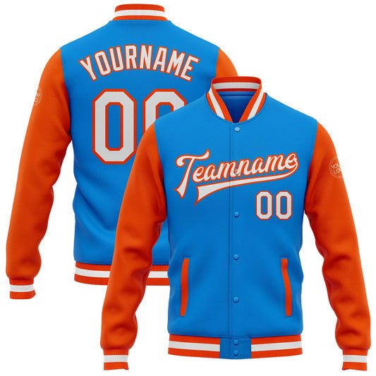 Custom Powder Blue White-Orange Bomber Full-Snap Varsity Letterman Two Tone Jacket - Main View