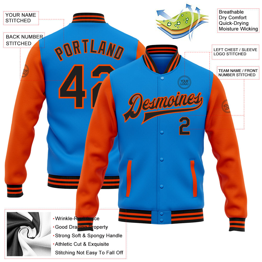 Custom Powder Blue Black-Orange Bomber Full-Snap Varsity Letterman Two Tone Jacket view 5