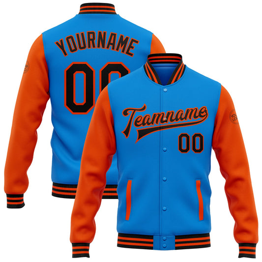 Custom Powder Blue Black-Orange Bomber Full-Snap Varsity Letterman Two Tone Jacket - Main View
