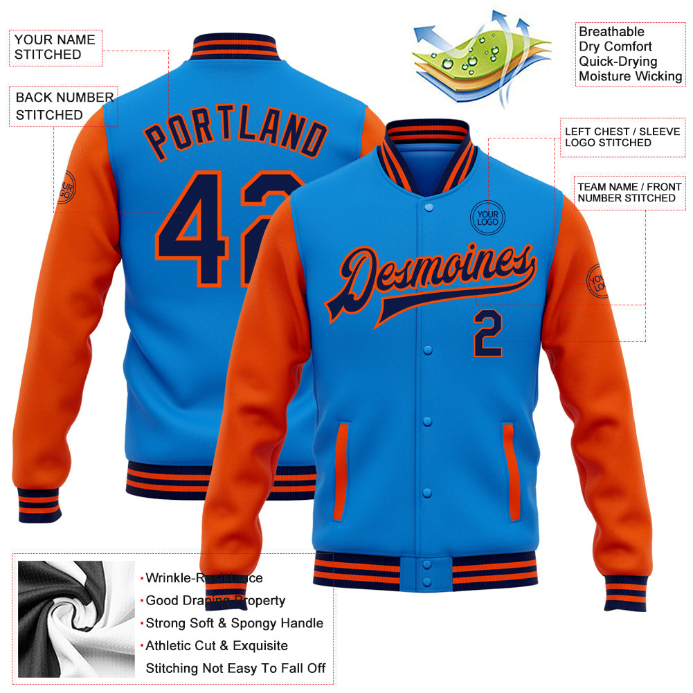 Custom Powder Blue Navy-Orange Bomber Full-Snap Varsity Letterman Two Tone Jacket view 5