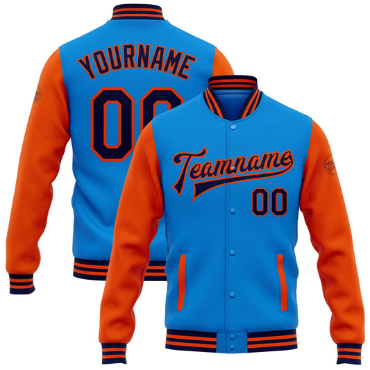 Custom Powder Blue Navy-Orange Bomber Full-Snap Varsity Letterman Two Tone Jacket - Main View