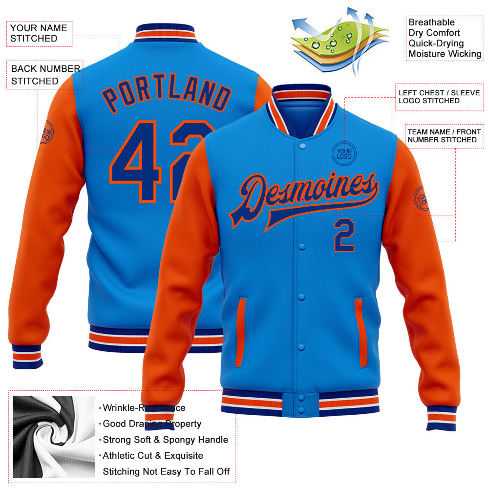 Custom Powder Blue Royal-Orange Bomber Full-Snap Varsity Letterman Two Tone Jacket view 5