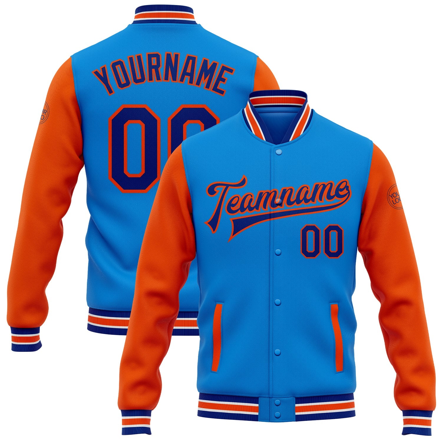 Custom Powder Blue Royal-Orange Bomber Full-Snap Varsity Letterman Two Tone Jacket - Main View