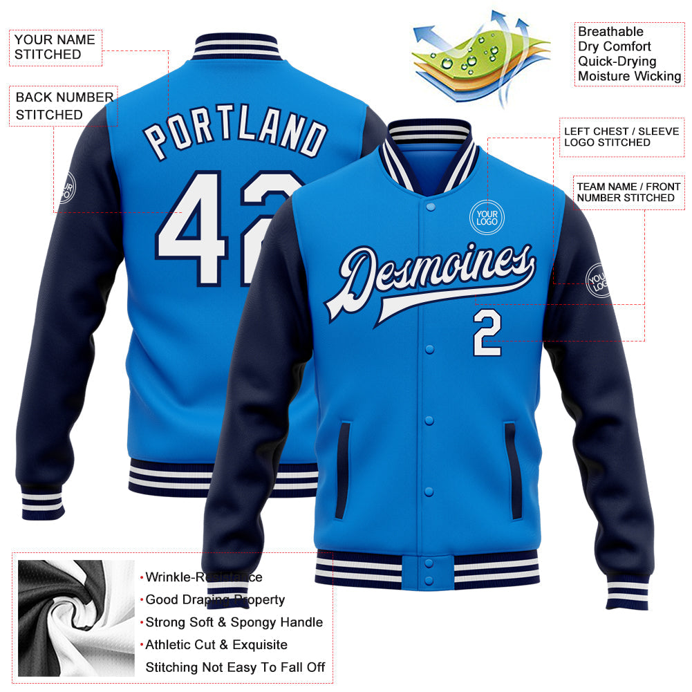 Custom Powder Blue White-Navy Bomber Full-Snap Varsity Letterman Two Tone Jacket view 5
