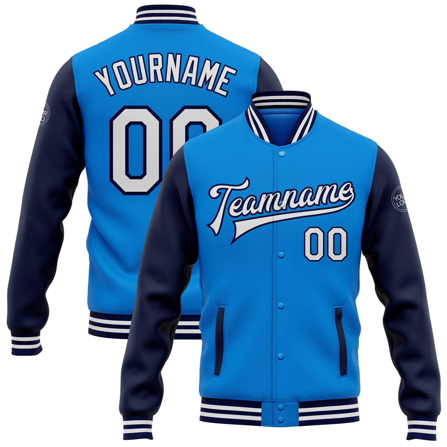 Custom Powder Blue White-Navy Bomber Full-Snap Varsity Letterman Two Tone Jacket - Main View