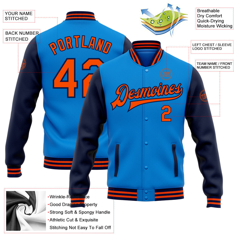 Custom Powder Blue Orange-Navy Bomber Full-Snap Varsity Letterman Two Tone Jacket view 5