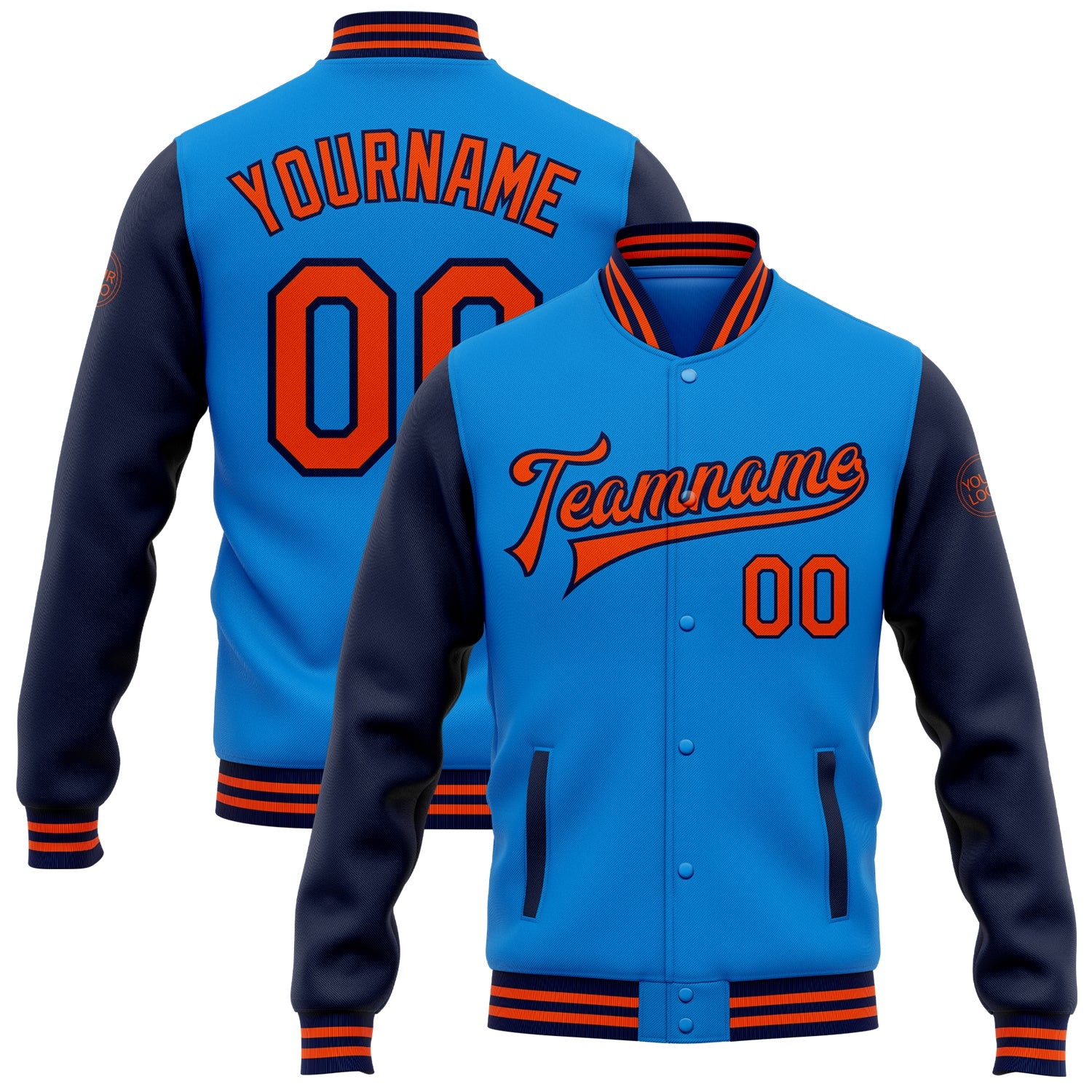 Custom Powder Blue Orange-Navy Bomber Full-Snap Varsity Letterman Two Tone Jacket - Main View