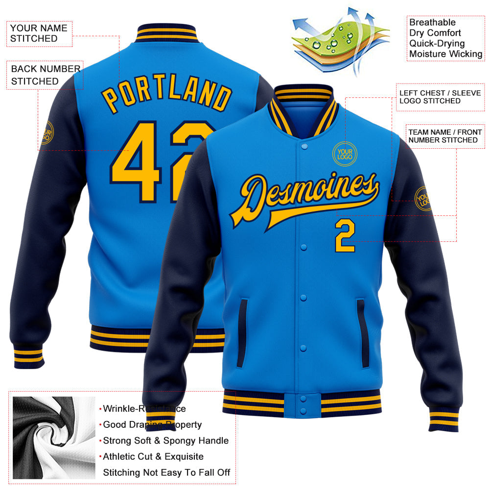 Custom Powder Blue Gold-Navy Bomber Full-Snap Varsity Letterman Two Tone Jacket view 5