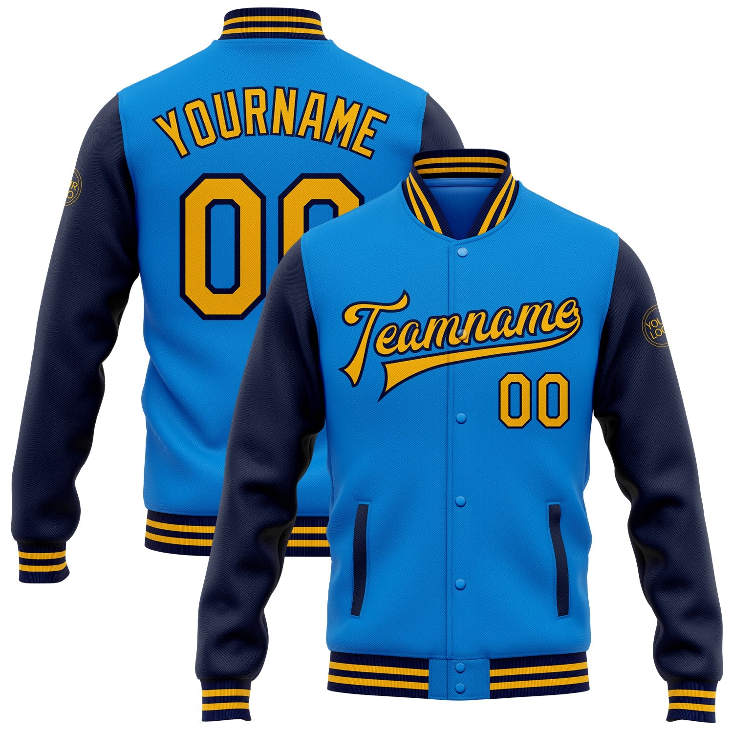 Custom Powder Blue Gold-Navy Bomber Full-Snap Varsity Letterman Two Tone Jacket - Main View