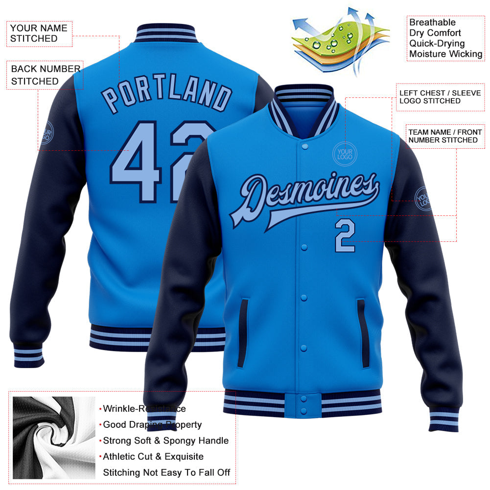 Custom Powder Blue Light Blue-Navy Bomber Full-Snap Varsity Letterman Two Tone Jacket view 5
