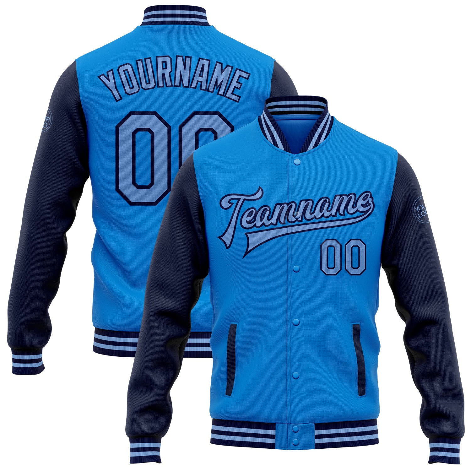 Custom Powder Blue Light Blue-Navy Bomber Full-Snap Varsity Letterman Two Tone Jacket - Main View