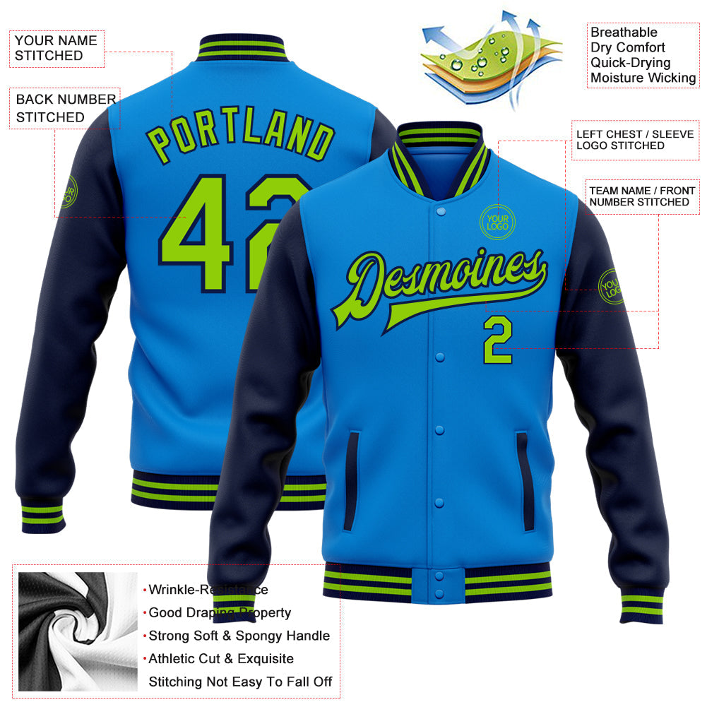 Custom Powder Blue Neon Green-Navy Bomber Full-Snap Varsity Letterman Two Tone Jacket view 5