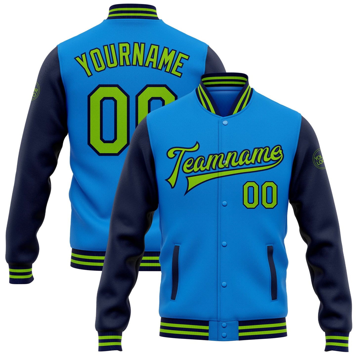 Custom Powder Blue Neon Green-Navy Bomber Full-Snap Varsity Letterman Two Tone Jacket - Main View
