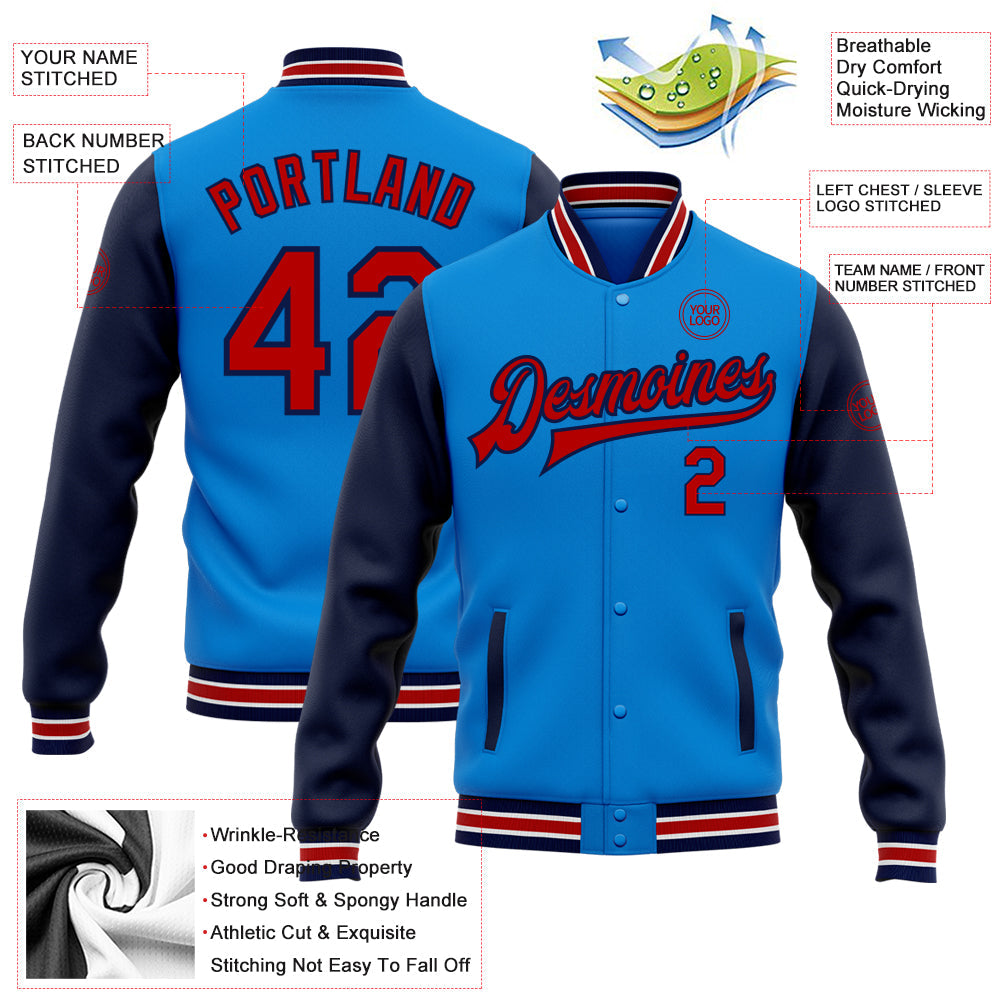 Custom Powder Blue Red-Navy Bomber Full-Snap Varsity Letterman Two Tone Jacket view 5