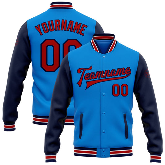 Custom Powder Blue Red-Navy Bomber Full-Snap Varsity Letterman Two Tone Jacket - Main View