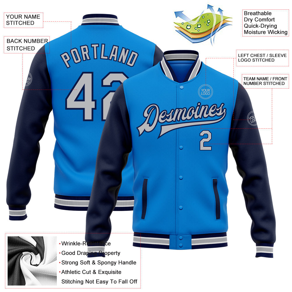 Custom Powder Blue Gray-Navy Bomber Full-Snap Varsity Letterman Two Tone Jacket view 5