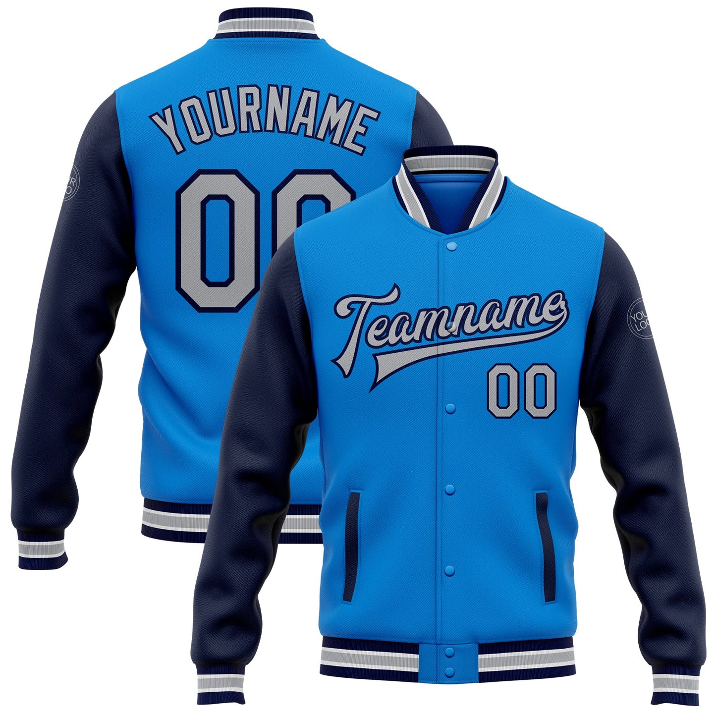 Custom Powder Blue Gray-Navy Bomber Full-Snap Varsity Letterman Two Tone Jacket - Main View
