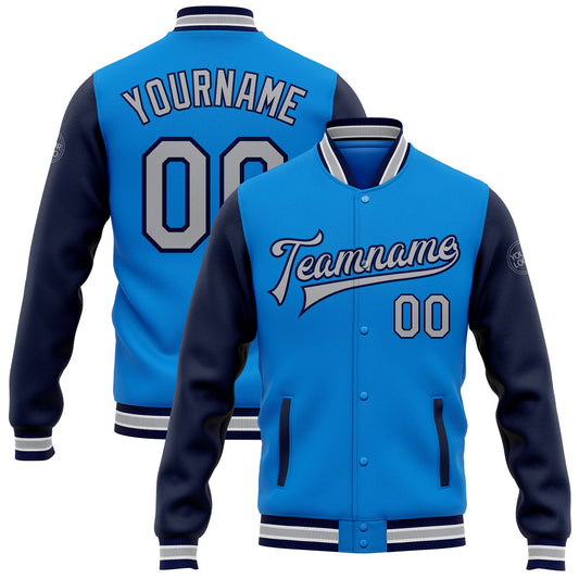 Custom Powder Blue Gray-Navy Bomber Full-Snap Varsity Letterman Two Tone Jacket - Main View