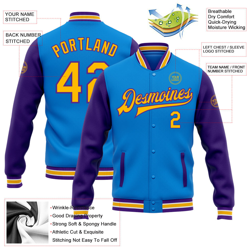 Custom Powder Blue Gold-Purple Bomber Full-Snap Varsity Letterman Two Tone Jacket view 5