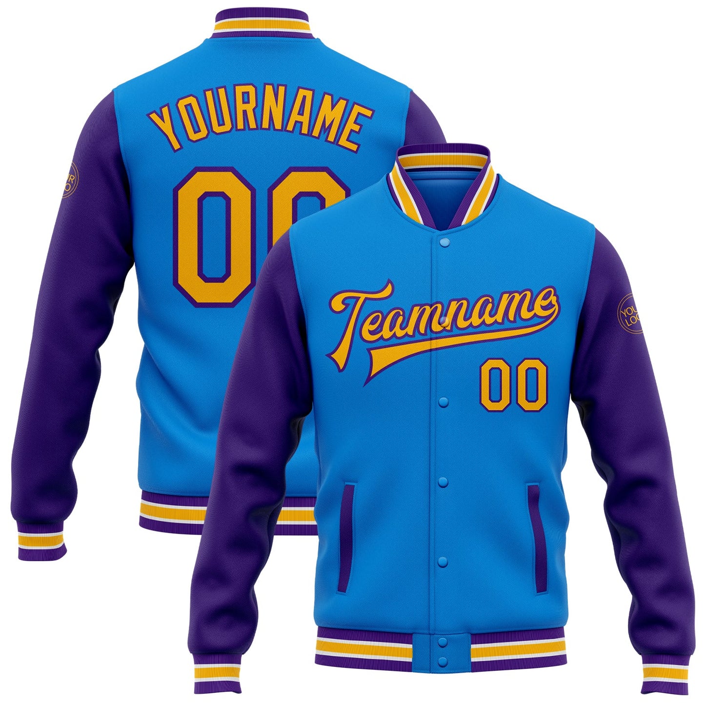 Custom Powder Blue Gold-Purple Bomber Full-Snap Varsity Letterman Two Tone Jacket - Main View