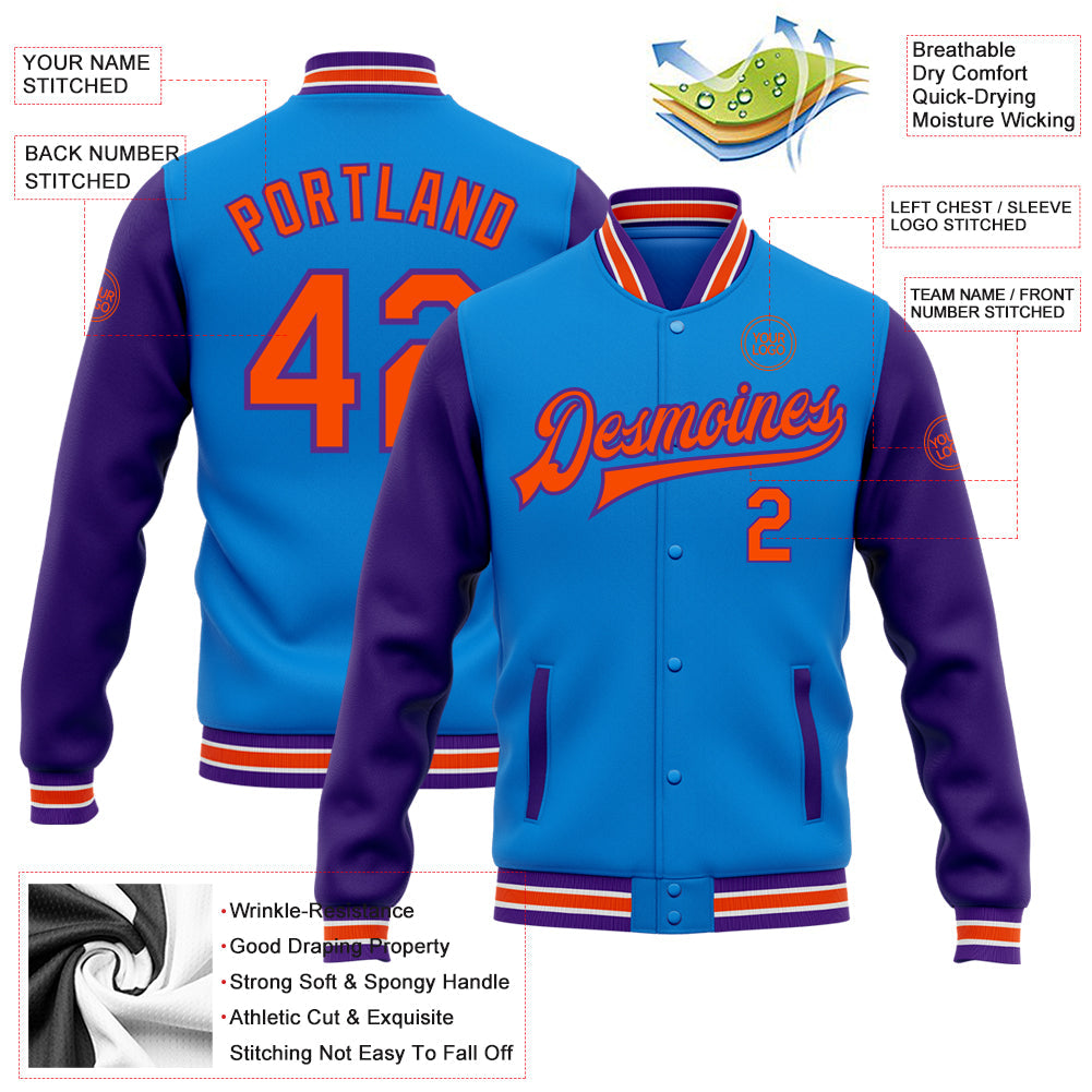 Custom Powder Blue Orange-Purple Bomber Full-Snap Varsity Letterman Two Tone Jacket view 5