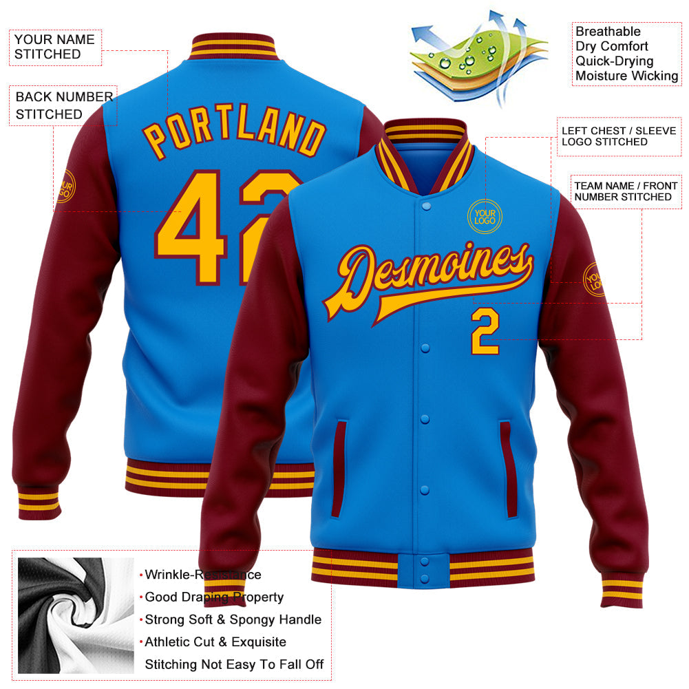 Custom Powder Blue Gold-Crimson Bomber Full-Snap Varsity Letterman Two Tone Jacket view 5