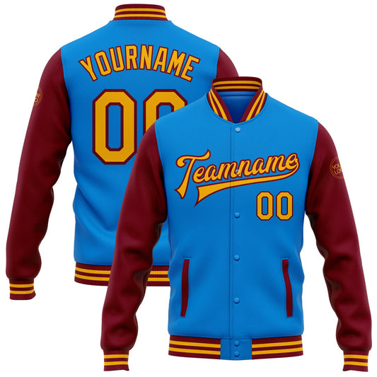 Custom Powder Blue Gold-Crimson Bomber Full-Snap Varsity Letterman Two Tone Jacket - Main View