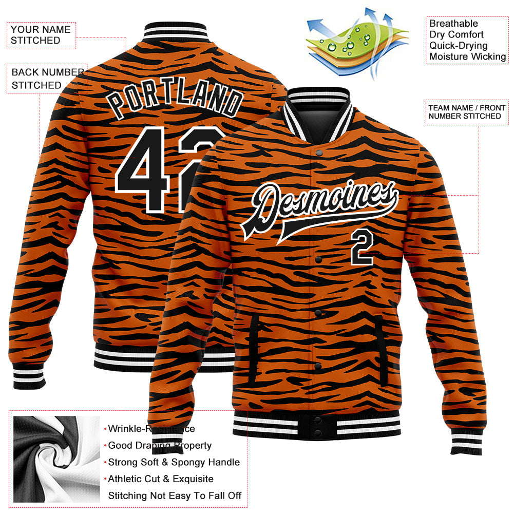 Custom Orange Black-White Tiger Stripes 3D Pattern Design Bomber Full-Snap Varsity Letterman Jacket view 5