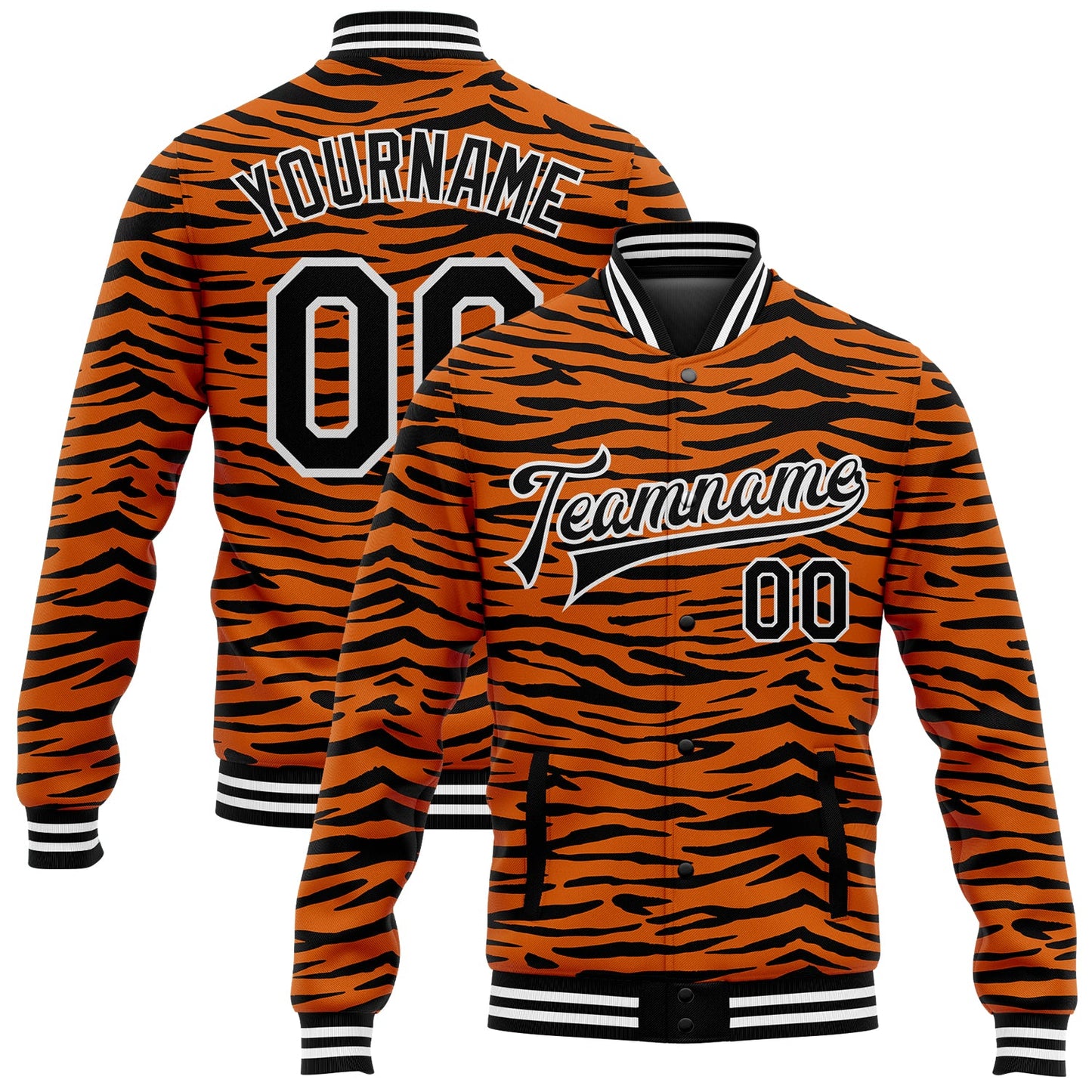 Custom Orange Black-White Tiger Stripes 3D Pattern Design Bomber Full-Snap Varsity Letterman Jacket - Main View