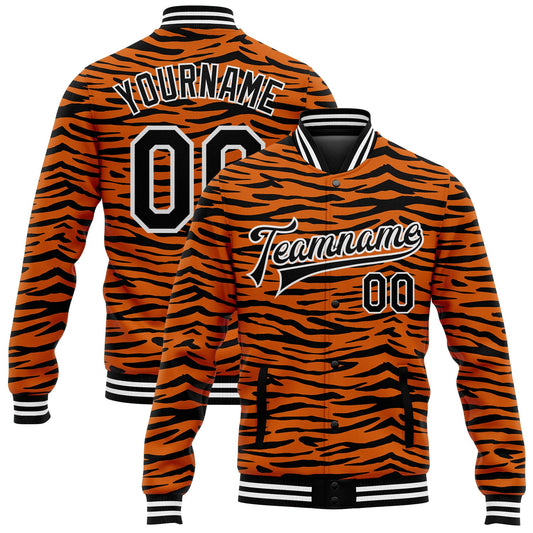 Custom Orange Black-White Tiger Stripes 3D Pattern Design Bomber Full-Snap Varsity Letterman Jacket - Main View