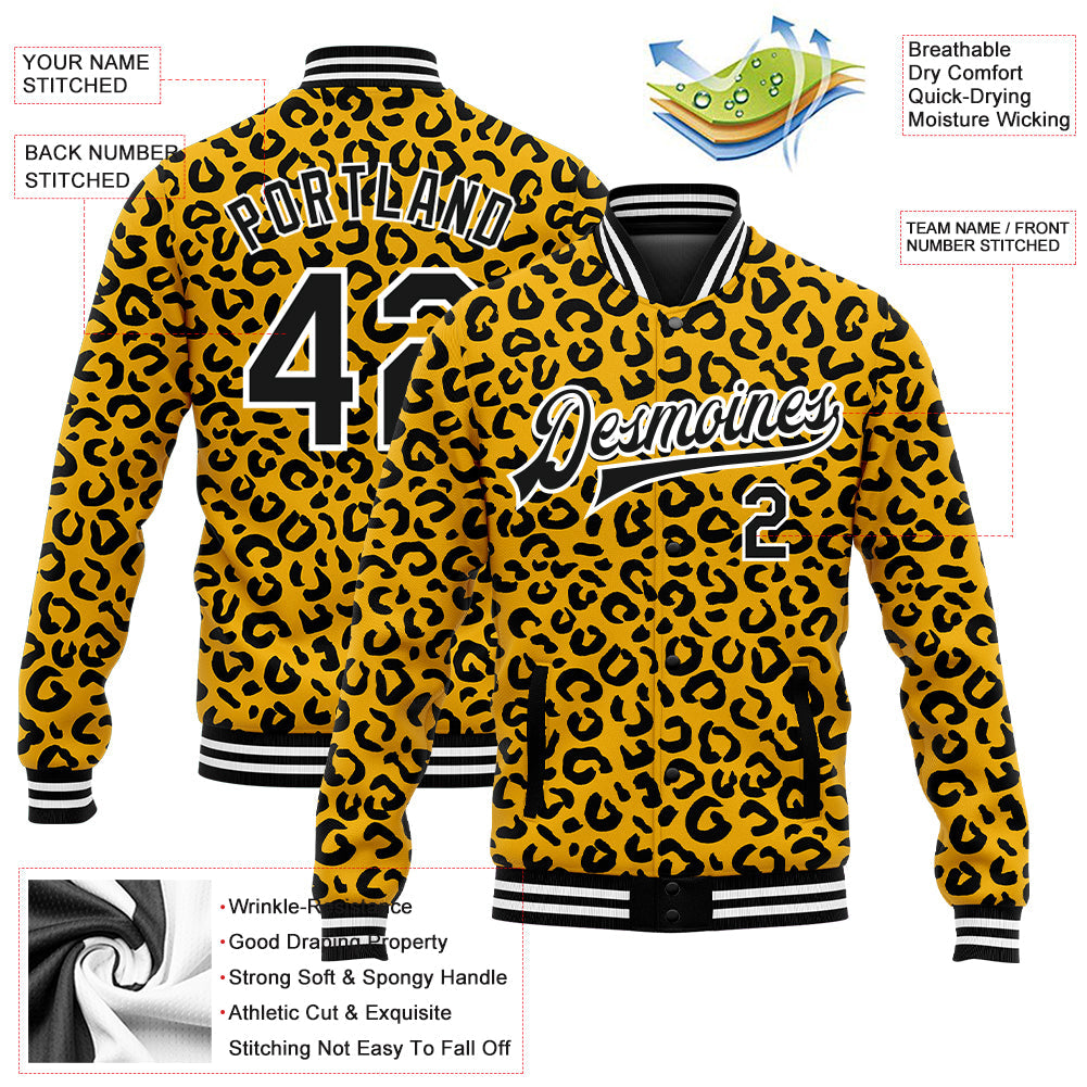 Custom Gold Black-White Leopard Print 3D Pattern Design Bomber Full-Snap Varsity Letterman Jacket view 5