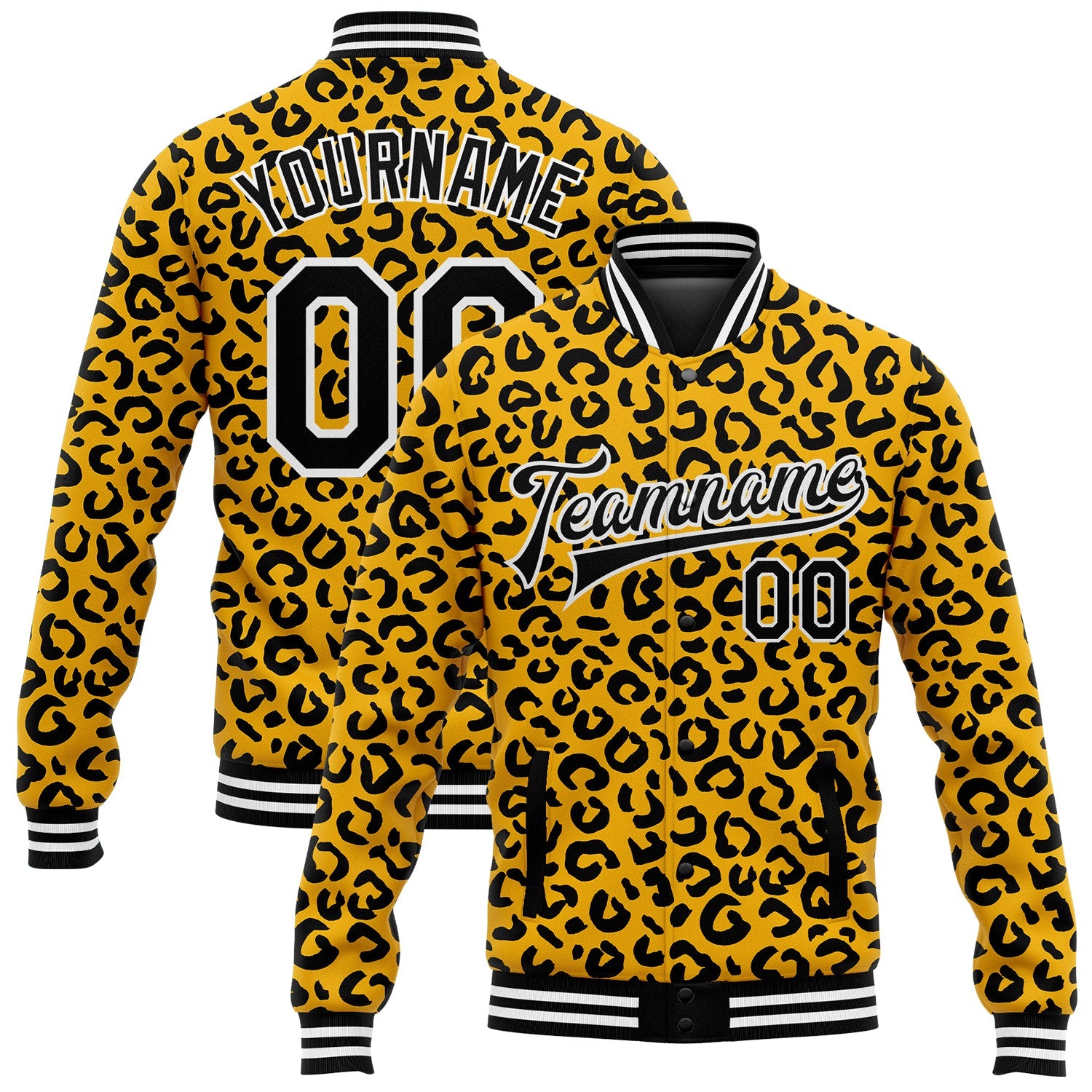 Custom Gold Black-White Leopard Print 3D Pattern Design Bomber Full-Snap Varsity Letterman Jacket - Main View