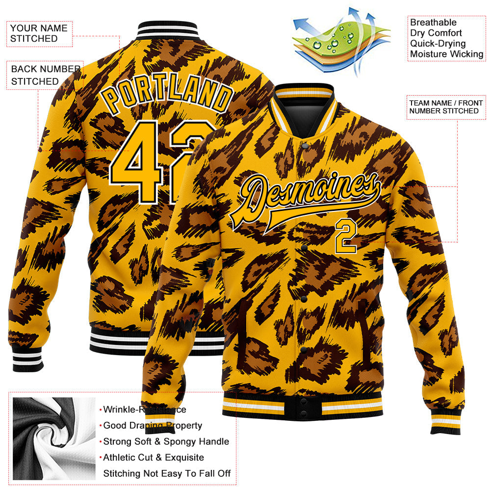 Custom Gold Black-White Leopard Print 3D Pattern Design Bomber Full-Snap Varsity Letterman Jacket view 5