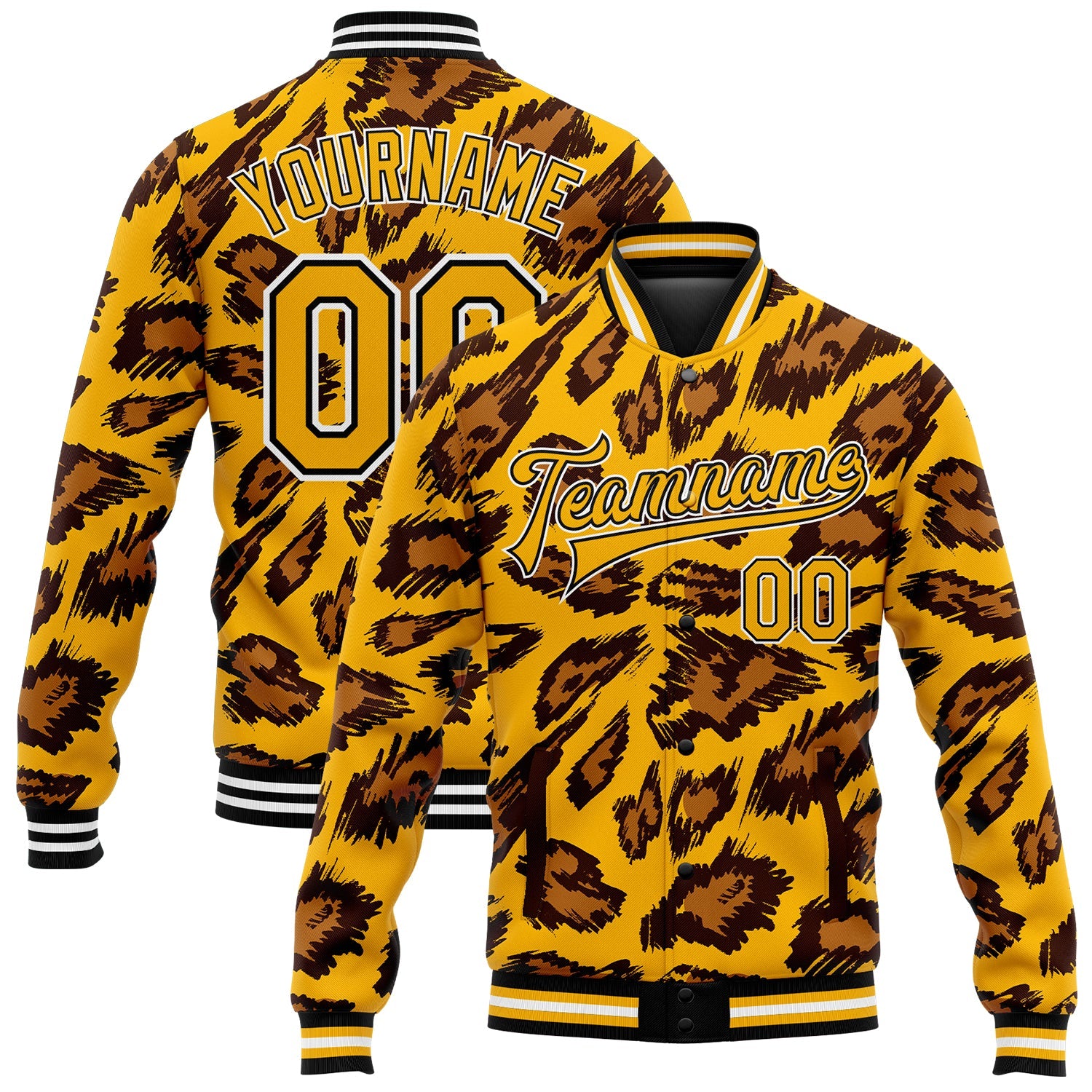 Custom Gold Black-White Leopard Print 3D Pattern Design Bomber Full-Snap Varsity Letterman Jacket - Main View