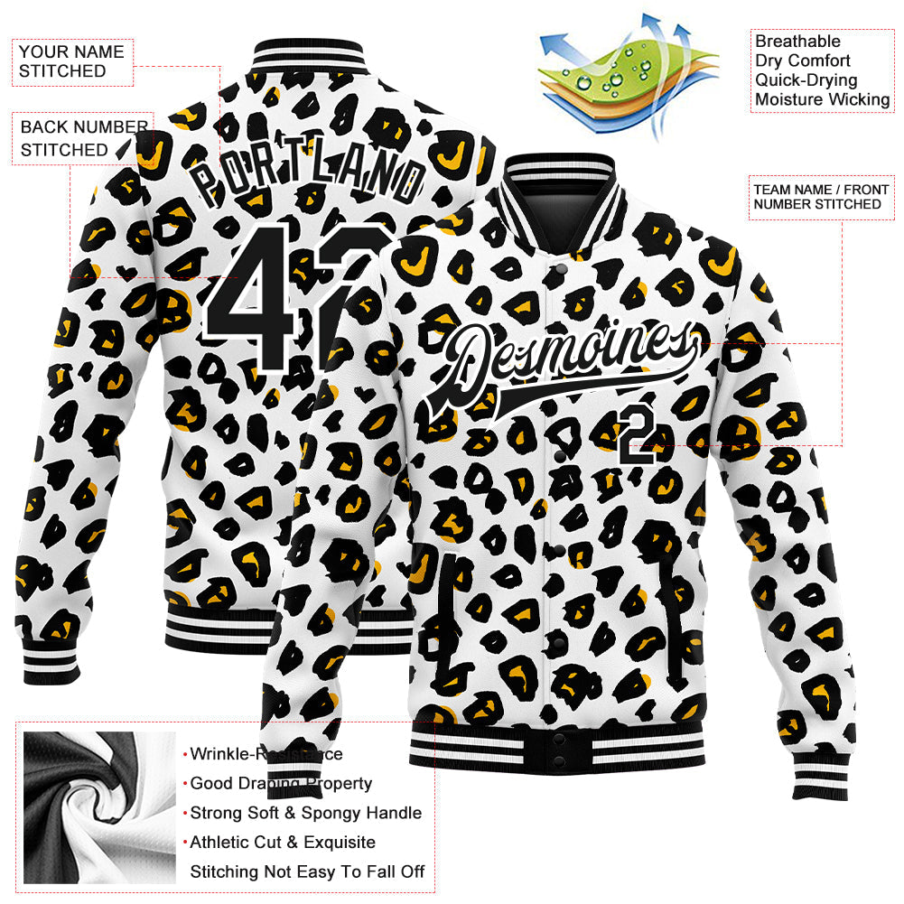 Custom White Black Leopard Print 3D Pattern Design Bomber Full-Snap Varsity Letterman Jacket view 5